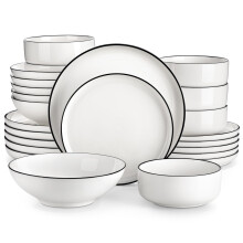 MALACASA 24-Piece Porcelain Plates and Bowls Set with Black Rim, Modern White Dinnerware Set with 6 Dinner/Dessert/Soup Plates/Bowls, Chip Resistant,