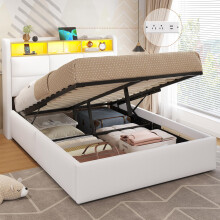 DICTAC Small Double Ottoman Bed Frame with Hydraulic Storage, Charging Station and Led Lights 4ft Upholstered Platform Bed Frame with Storage Headboar