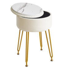 IBUYKE Faux Leather Round Footrest Stool with Storage Ottoman, Makeup Vanity Chair Side Table, PU Dressing Table Seat, Removable Cover, Golden Steel L
