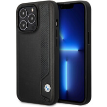 Custodia rigida in pelle BMW per iPhone 14 Pro Max, colore nero.