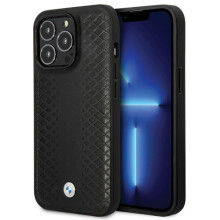 iPhone 14 Pro BMW Lederhülle mit Diamantmuster, Schwarz