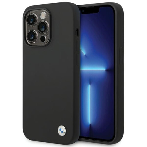 BMW Custodia nera in silicone con logo BMW per iPhone 15 Pro