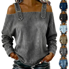 (Gray, 3X-Large) Dámský džínový top s odhalenými rameny, nastavitelný ramínko
