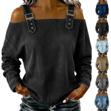(Black, XX-Large) Top din denim pentru femei, cu umeri goi, curea reglabilă