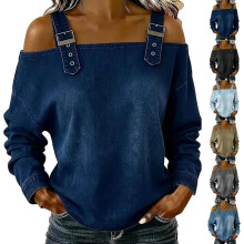 (Dark Blue, X-Large) Top din denim pentru femei, cu umeri goi, curea reglabilă