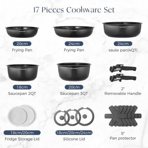 Non Stick Pots and Pans Set 17 Piece, Induction Hob Pan Set with Removable Handle, Kitchen Stackable Ceramic Cookware Sets 1