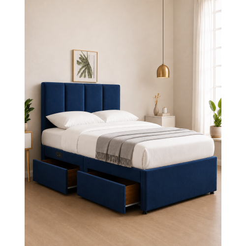 Modern Upholstered Bed with USB & Drawers Blue 3FT