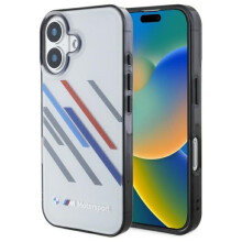 Coque rigide BMW Motosport à rayures grises pour iPhone 16