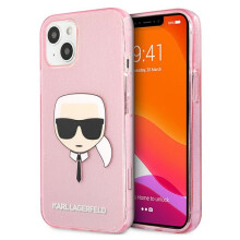 Funda rosa para iPhone 13 mini de Karl Lagerfeld con purpurina y la cabeza de Karl.