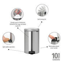 Brabantia NewIcon Pedal Bin 20L Matt Steel SoftClosure Rubbish Bin with Rem
