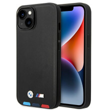 iPhone 14 Plus BMW Læder Stamp Tricolor MagSafe Etui Sort