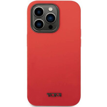 Funda de silicona líquida Tumi para iPhone 14 Pro, color rojo.