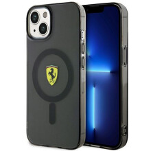 Funda rígida translúcida para iPhone 14 Ferrari con MagSafe, color negro.
