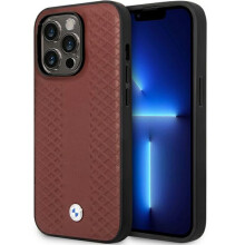 Custodia in pelle BMW per iPhone 14 Pro, colore bordeaux con diamanti.