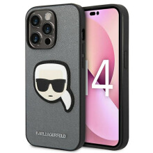 Custodia per iPhone 14 Pro Max in pelle Saffiano color argento di Karl Lagerfeld