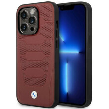Custodia per iPhone 14 Pro con motivo sedili in pelle BMW, MagSafe color bordeaux