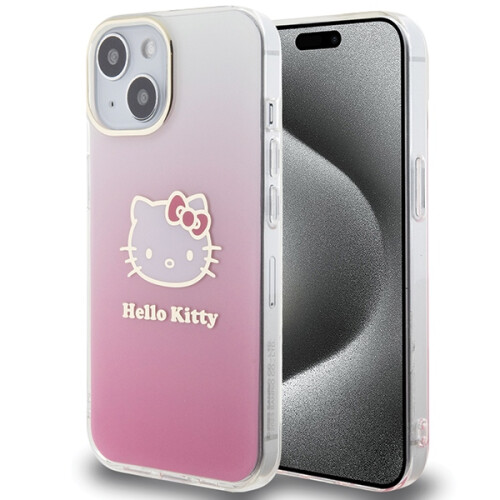 Hello Kitty Custodia rigida per iPhone 15 Hello Kitty rosa con gradiente IML e galvanizzazione