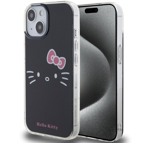 Hello Kitty iPhone 15 Hello Kitty Hårdt Etui IML Kitty Face Sort