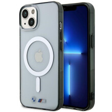 Custodia rigida trasparente BMW con anello MagSafe argento per iPhone 14