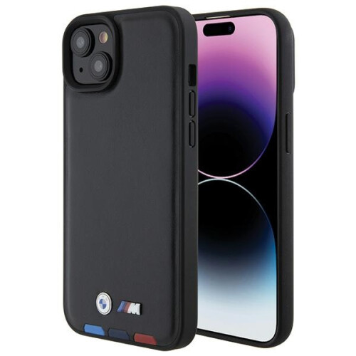 BMW iPhone 15 Plus cover BMW læderstempel tricolor sort