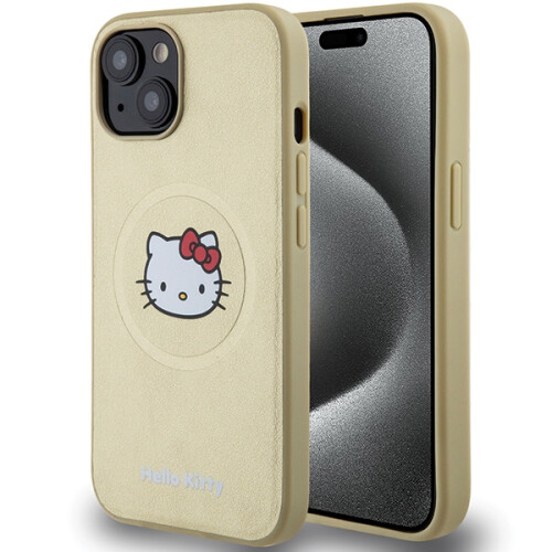 Hello Kitty Étui rigide en cuir Hello Kitty MagSafe doré pour iPhone 15