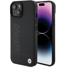 BMW iPhone 15 Plus Hülle aus schwarzem Leder