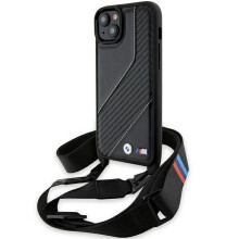 Étui rigide BMW M Edition à rayures carbone et dragonne pour iPhone 15