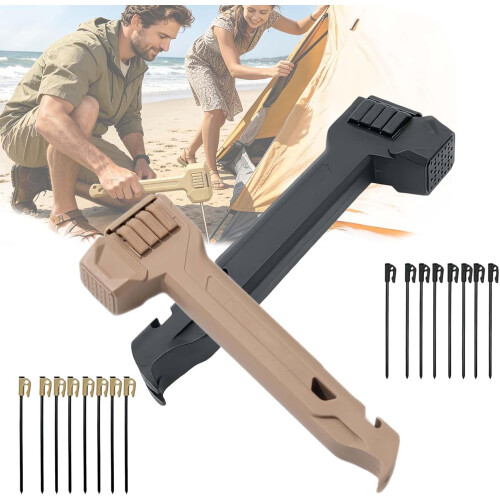 (brown+black, -) Camping Hammer with 8 Pegs, Stake Driver & Puller
