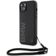 Étui rigide BMW Signature en cuir avec cordon pour iPhone 15