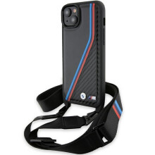 Étui pour iPhone 15 BMW M Edition Carbon Tricolor Lines et dragonne