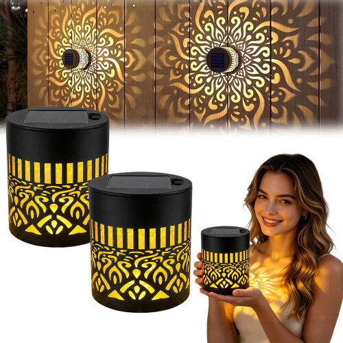 (2 Warm Light, -) Solar Mandala Projector Wall Light, IP65 Waterproof 4 Warm Light