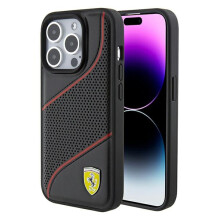 Funda para iPhone 15 Pro Ferrari con logotipo metálico perforado de ondas, color negro.