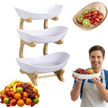 (white 3 Tier, -) 3-Laags Bamboe Fruitmand - Wit, 3 Laags