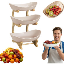(apricot 3 Tie, -) 3-Laags Bamboe Fruitmand - Wit, 3 Laags