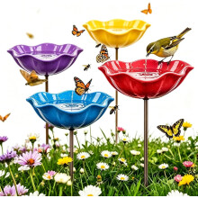 (Colorful X4, -) 2026 Handmade Metal Flower Garden Stake, Bird Bath Red
