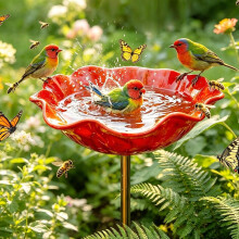 (Red, -) 2026 Handmade Metal Flower Garden Stake, Bird Bath Red