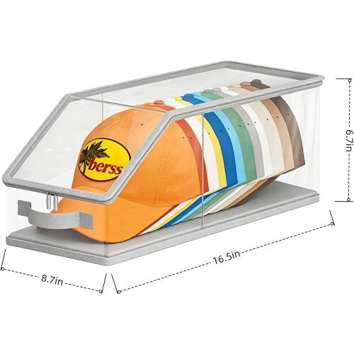 (Light gray, C) Stackable Baseball Cap Storage Box, Dust Proof Hat Organizer 1