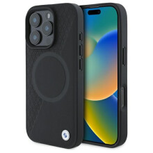Étui rigide en cuir noir BMW pour iPhone 16 Pro Max avec MagSafe