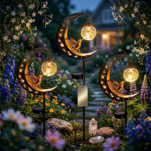 (3PCS, -) 2PCS Hummingbird Moon Solar Garden Stake Light, Crackle Glass