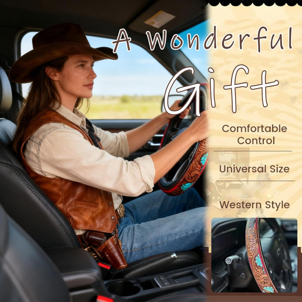 (E Color, -) Western Cowboy Retro Floral Steering Wheel Cover, 15 Inch Anti-Slip 5437706481171