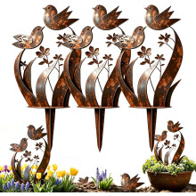 (3 Pcs, -) Țăruș metalic de grădină cu păsări și flori sălbatice, decor rustic, 3 bucăți
