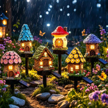 (6PCS Mixed, -) Solar Fairy-Tale Mushroom Cottage Light, Yellow Resin Lamp