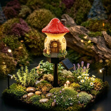 (1PC Red, -) Solar Fairy-Tale Mushroom Cottage Light, Yellow Resin Lamp