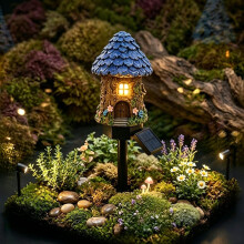 (1PC Purple, -) Solar Fairy-Tale Mushroom Cottage Light, Yellow Resin Lamp