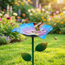 (Light Blue, -) Țăruș metalic lucrat manual pentru grădină de flori, 2 decoruri roșii pentru baie de păsări