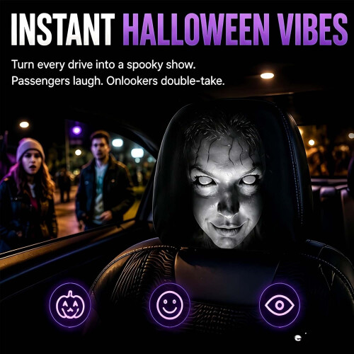 (set c, -) 4 Pcs Ghost Face Car Headrest Covers, Funny Spooky Protector Set a 1
