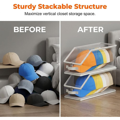 (Grey 1pc, -) 2026 Flip-Top Baseball Cap Storage Box, Stackable Organizer 1
