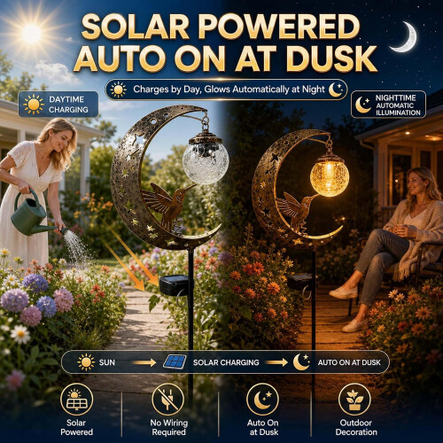 (2PCS, -) 2PCS Hummingbird Moon Solar Garden Stake Light 2