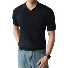 Fashionable Thin Knit Lapel T-Shirt Men's Short Sleeve-Black M