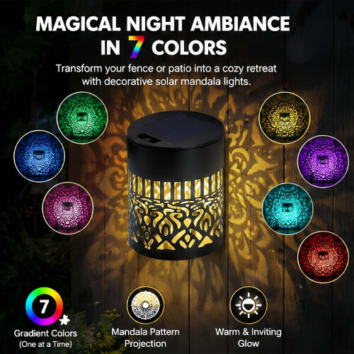 (4 Colored Light, -) Solar Mandala Projector Wall Light, IP65 Waterproof 4 Warm Light 2